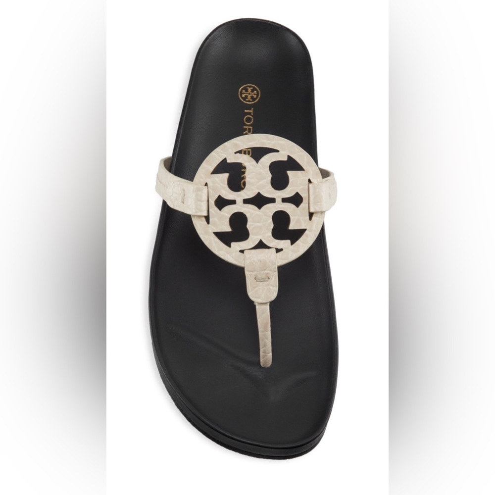 🔥🔥Tory Burch Authentic Leather Miller Cloud Leather Thong Slides Navy/Cream 8 M - Picture 4 of 12